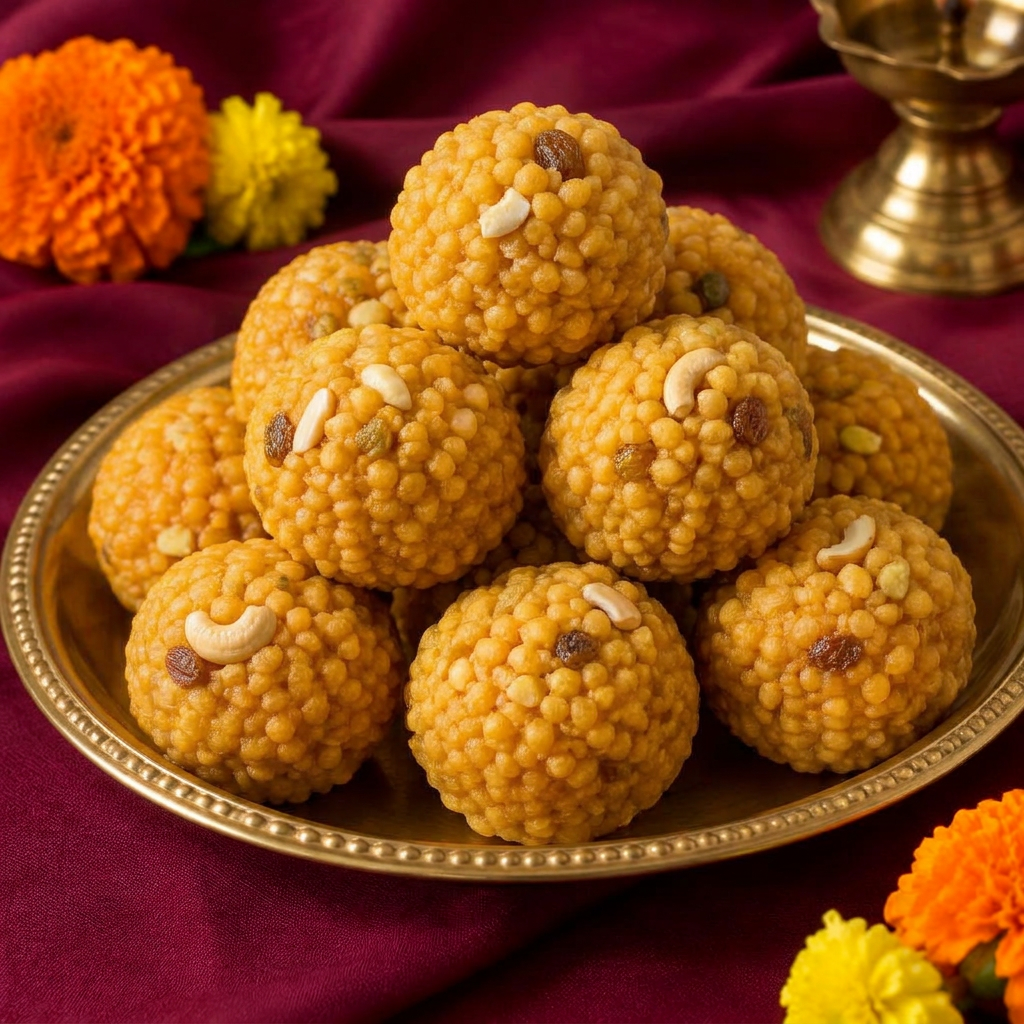 பூந்தி, முந்திரி மற்றும் திராட்சையுடன் லட்டு